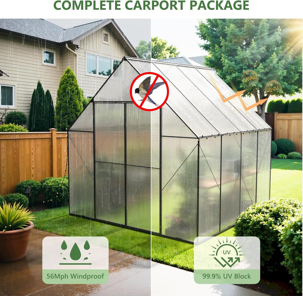 8x8 FT Greenhouse for Outdoors, Heavy-Duty Polycarbonate Greenhouse | Backyard Greenhouse Kit with Adjustable Roof