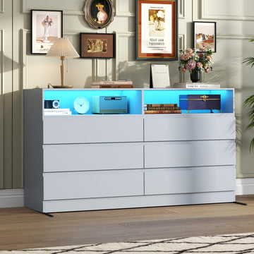 6 Drawer Dresser with Power Outlet, Modern Black Dresser Chest of Drawers with LED Ligh, Wooden Dressers TV Stand