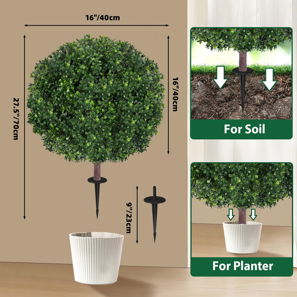 27.5" Artificial Boxwood Topiary Ball Tree, Set of 2 Fake Bushes Shrubs with Ground Spike, UV Resistant Faux