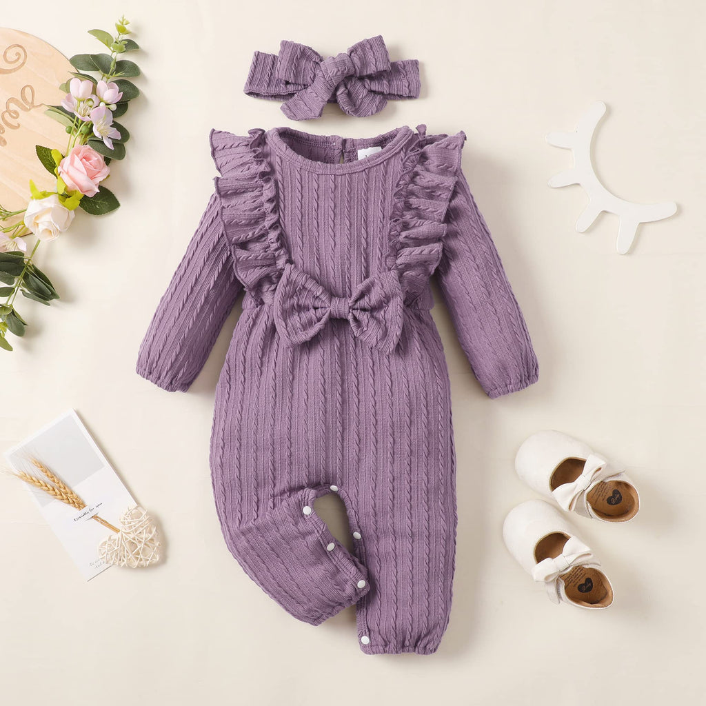 Baby Girl Romper Infant Fall Winter Clothes Ruffle Sweater Long Sleeve Bodysuit Jumpsuit and Headband