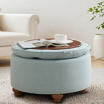 30'' Round Ottoman Coffee Table with Storage, Upholstered Tufted Ottoman with Flip Tray, Solid Wood Legs, Blue
