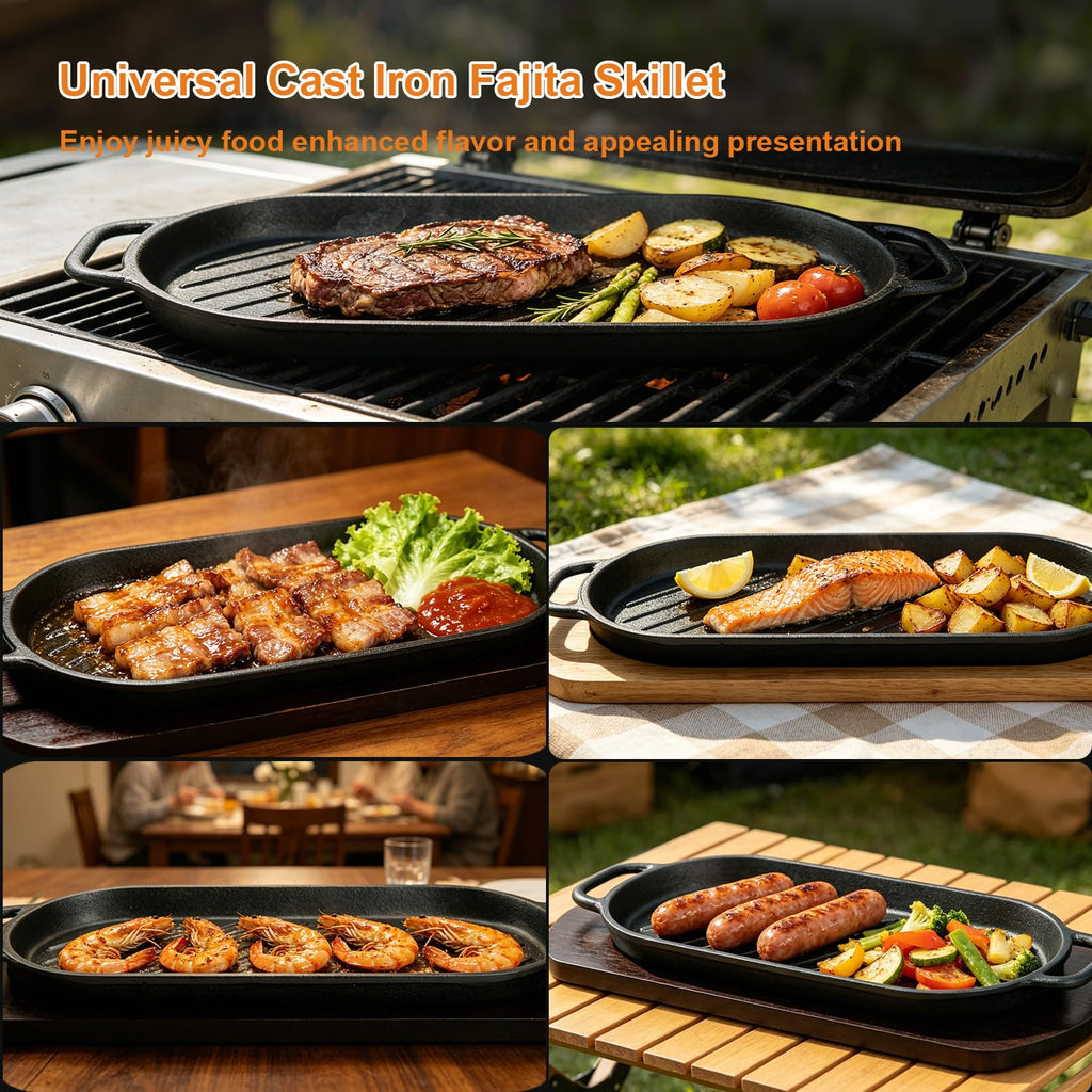 Cast Iron Sizzling Plate with Wooden Base Set of 2, Pre-seasoned Fajita Skillet for Steak and Seafood, Professional