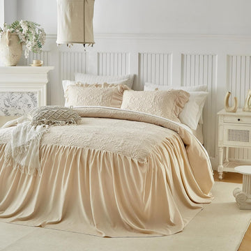 Ruffle Skirt Bedspread Set Floral Design - 30" Long Drop Vintage Cream Chic Ruffled Summer Coverlet Bed Quilt Boho