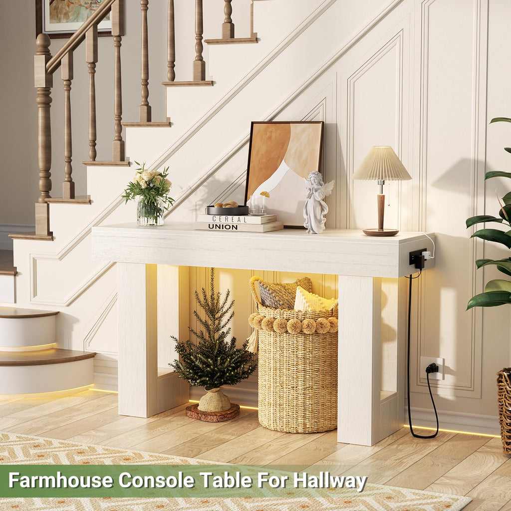 47" Entryway Table with Sensor Light and Outlets, Rustic White