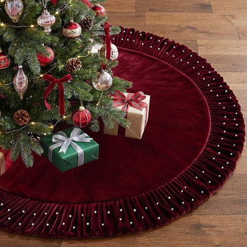 60 Inch Burgundy Velvet Christmas Tree Skirt, Pearl Ruffle Decor