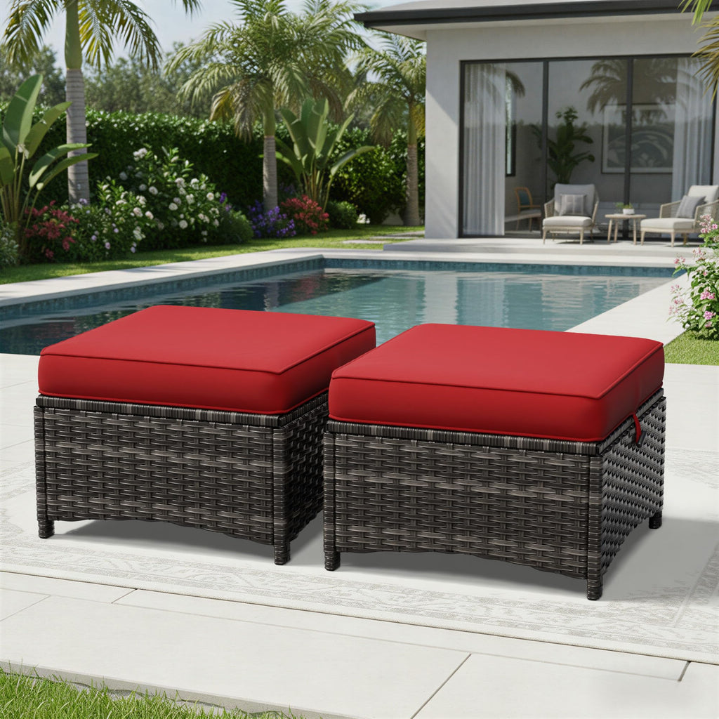 Outdoor Ottoman Set of 2, Patio Large Ottoman Foot Rest with Thickened Cushions, Outdoor Wicker Foot Stool for Porch