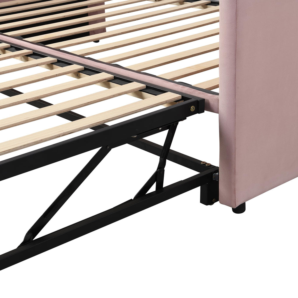 Twin Size Daybed, Upholstered Twin Daybed with Extendable Trundle, Twin Size Daybed Frame, Pink