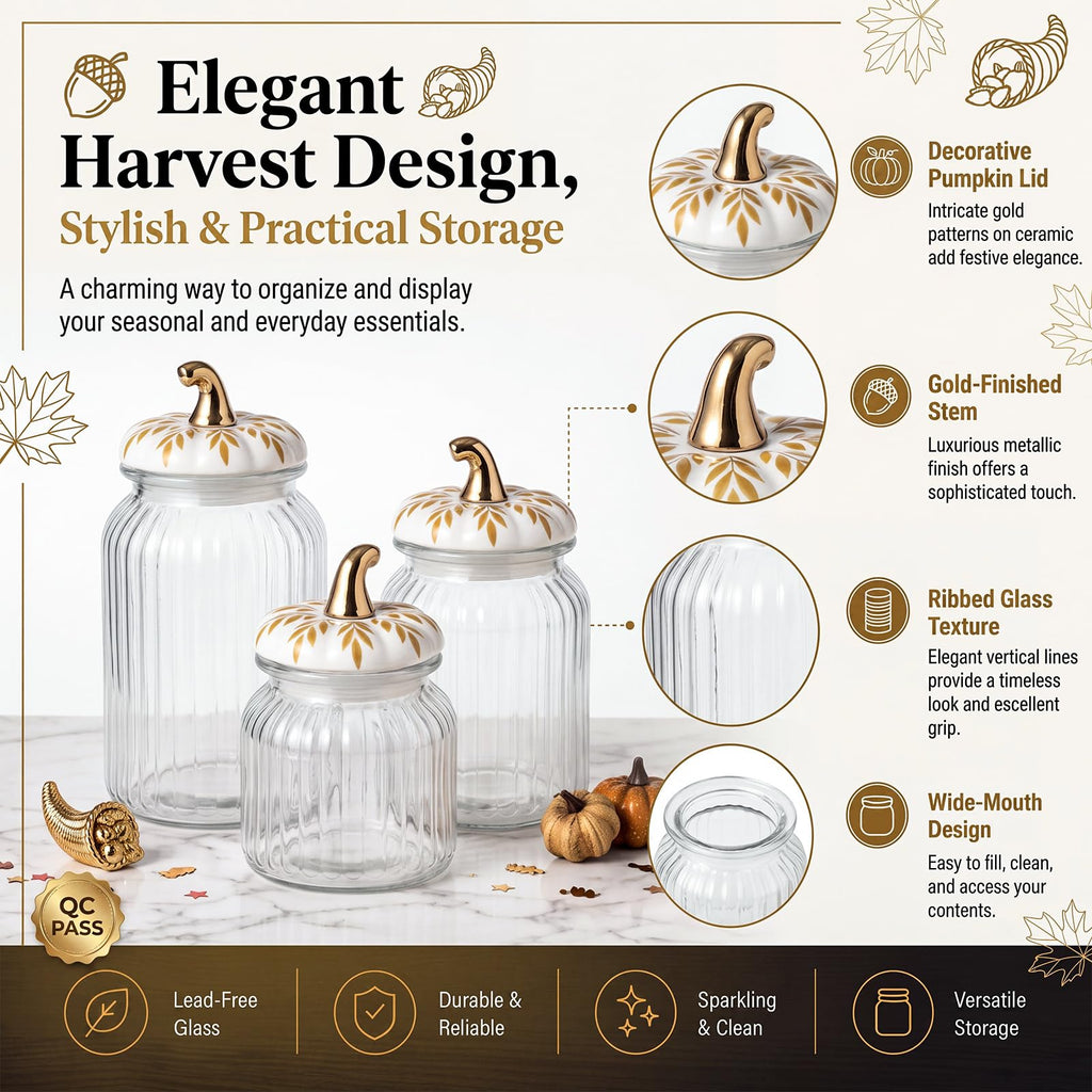 3 Set Fall Pumpkin Glass Jar with Pumpkin Airtight Ceramic Lid 44 oz 33 oz 22oz Clear Candy Jar Food Storage Canister
