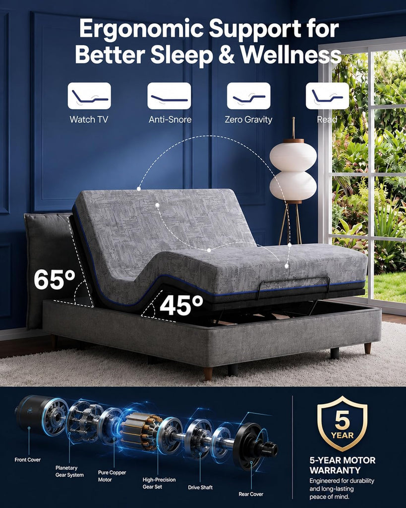 Queen Adjustable Bed Frame with Massage, Electric Adjustable Bed Base with Head & Foot Incline, Quiet Motor