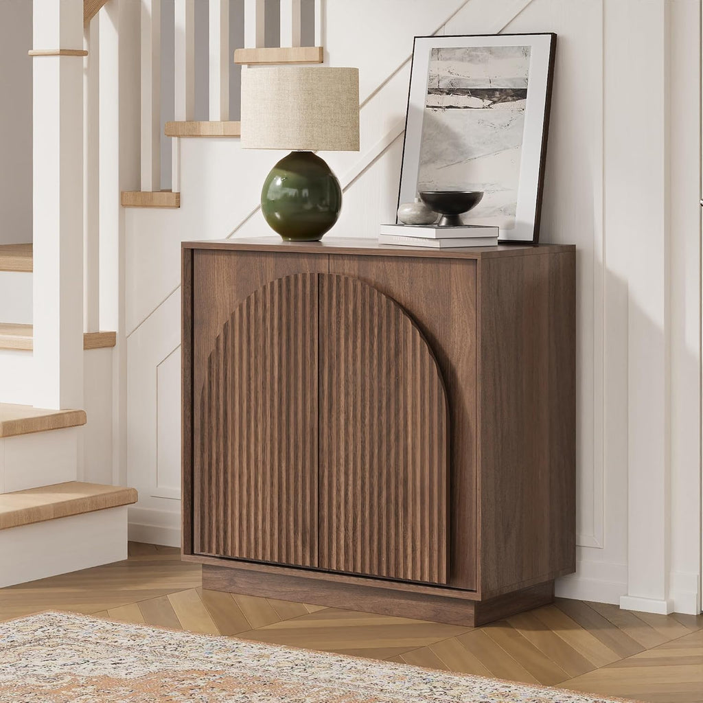 31.5" Small Buffet Cabinet with Storage, Arched Doors, Walnut, 1PCS | Modern Console Cabinet for Dining Living Room