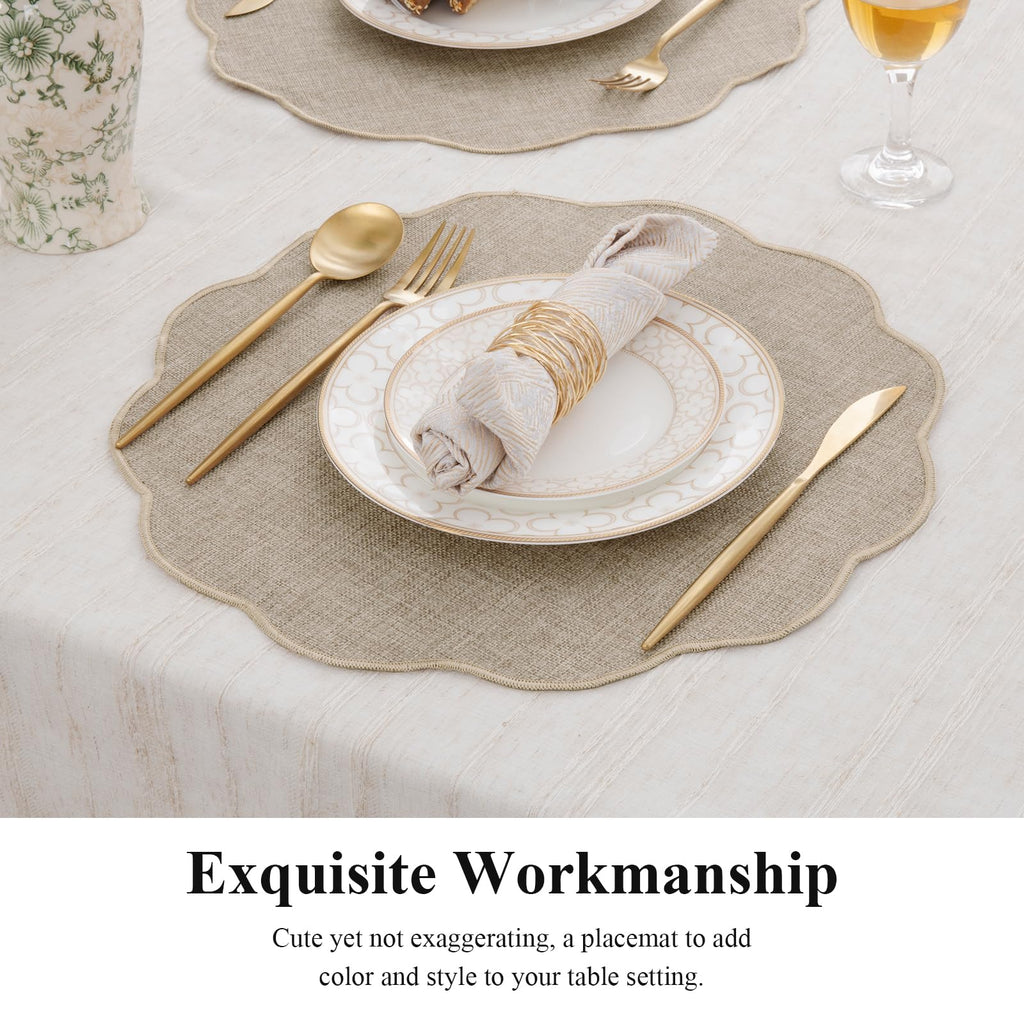 Beige Round Scalloped Placemats Set of 4 Polyester Linen Blend
