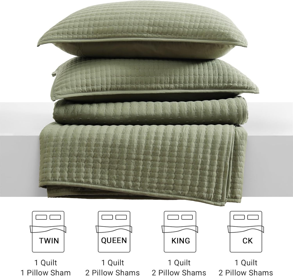 Queen Quilt-3 Pieces Lightweight Bedspreads Olive Green Queen Quilt Bedding Set for All Seasons, Soft Summer Coverlet