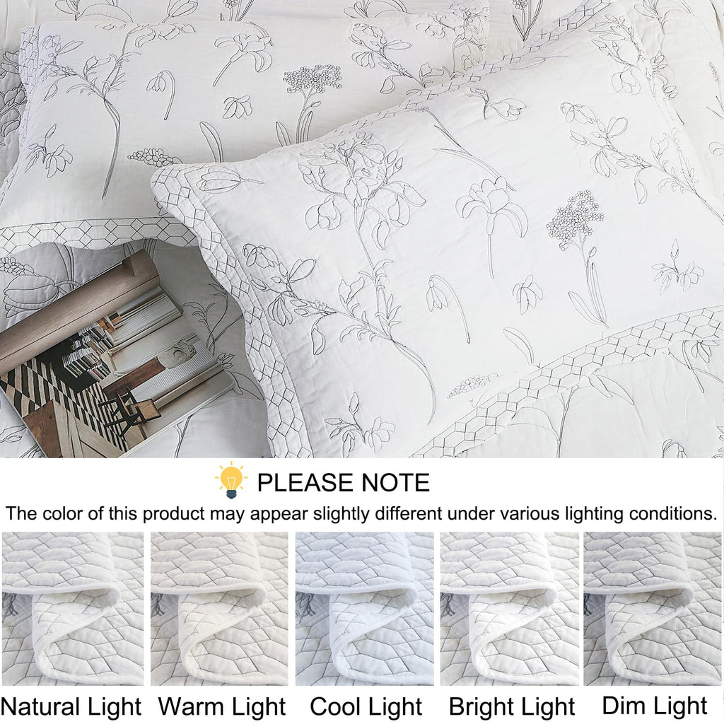 100% Cotton Bedspread, 3 Pieces Floral Pattern Stitching Quilt Oversized Embroidery Bedding