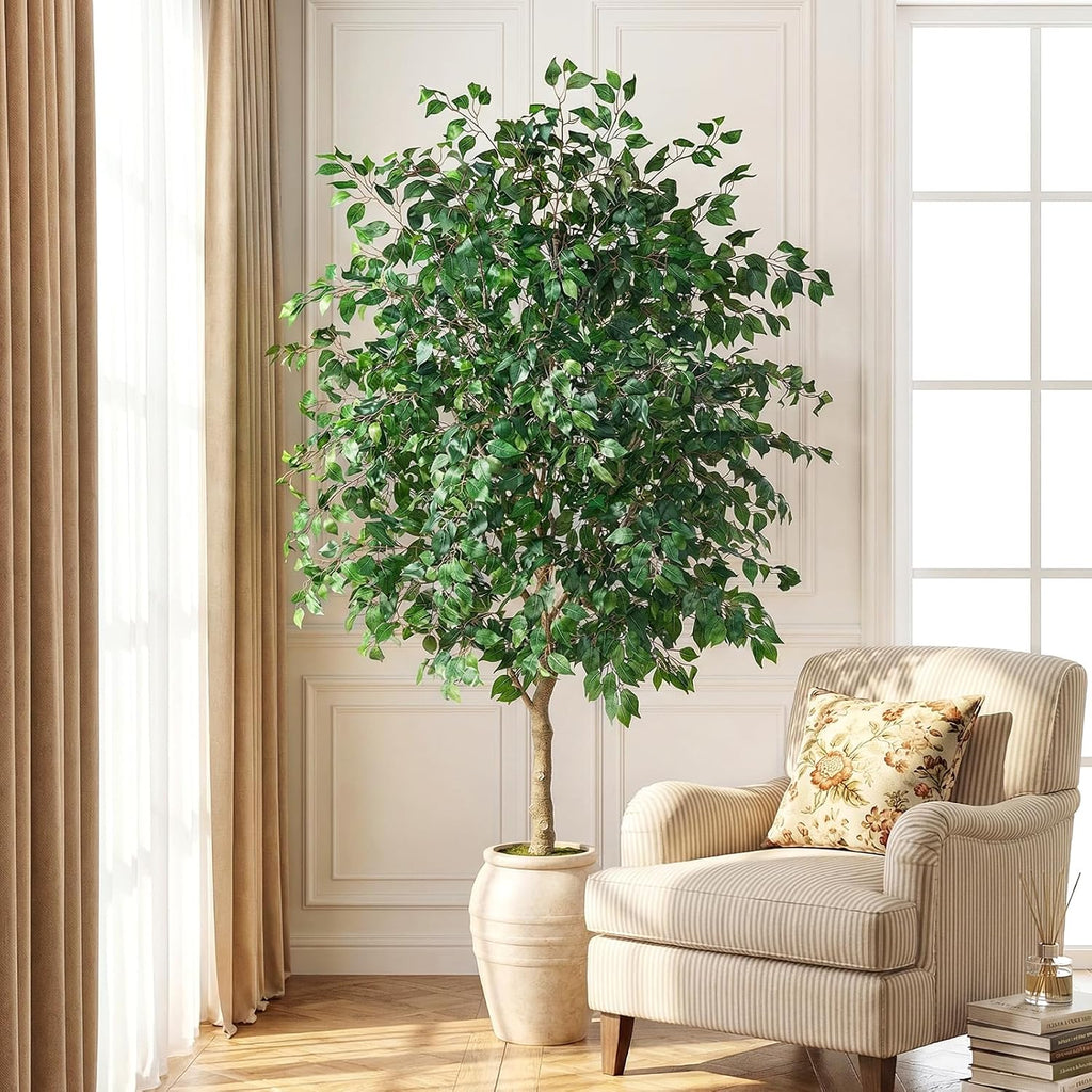 Artificial Ficus Tree Indoor 9ft with Off-White Vintage Planter