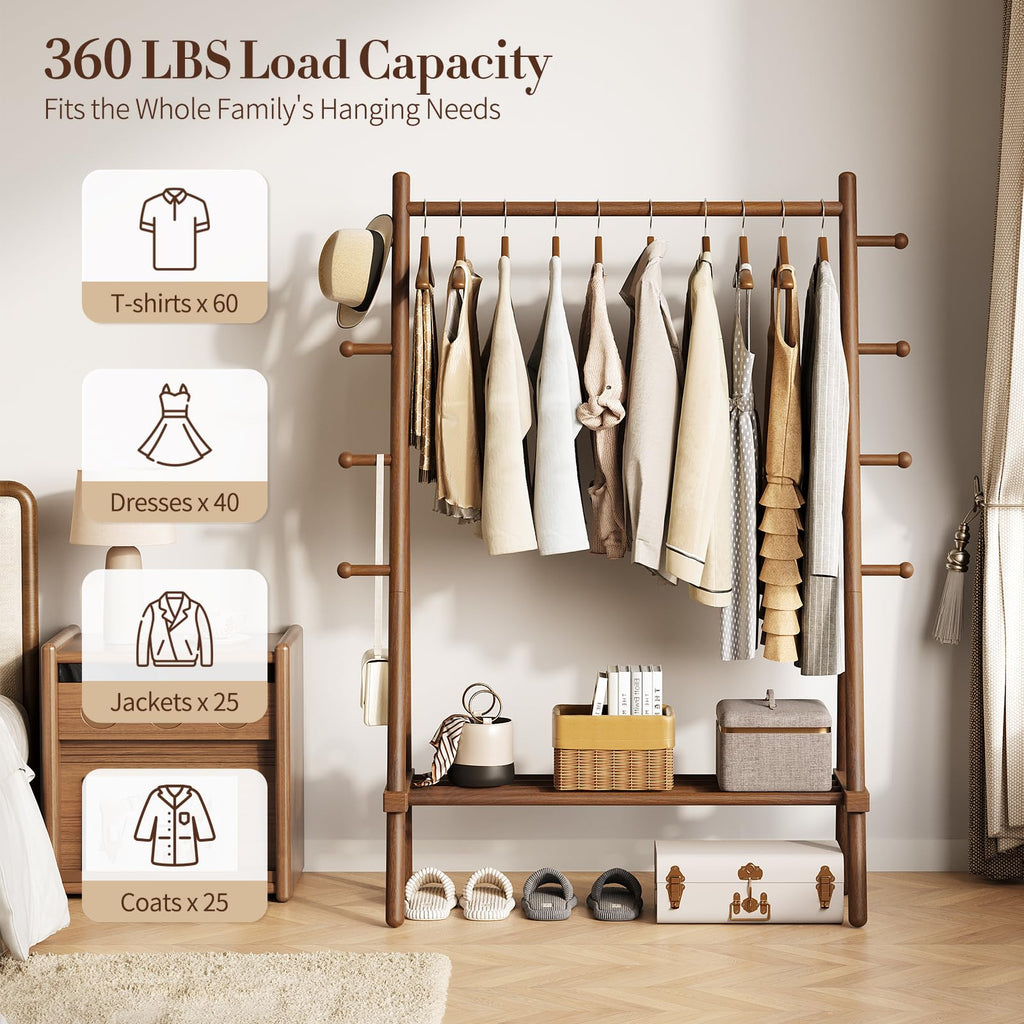 Solid Wood Clothes Rack - Heavy Duty Clothing Racks for Hanging Clothes with 8 Hooks, Portable Garment Rack for Dress