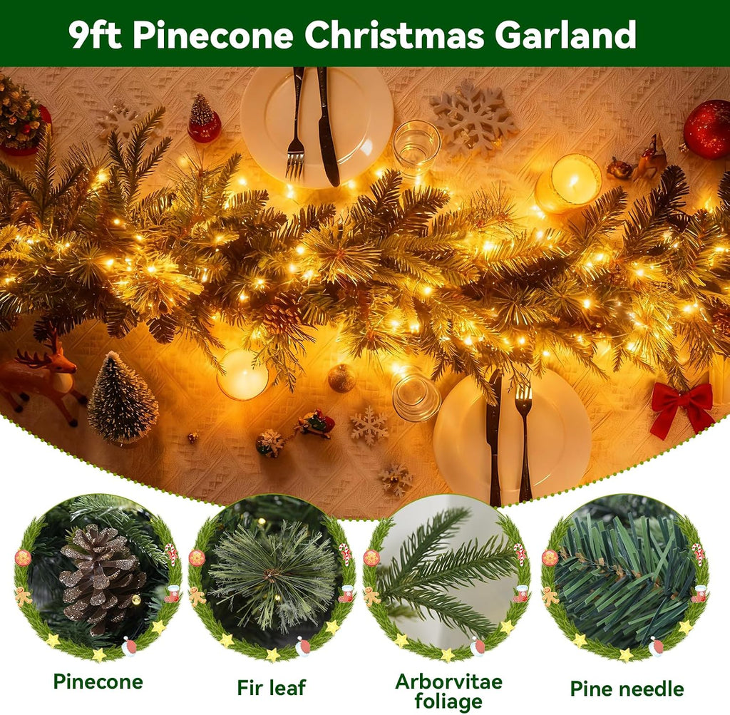 Pre-lit Christmas Garland with Lights 9FT 80LED Lighted Garland with Timer Faux Artificial Wreath Lights with Remote