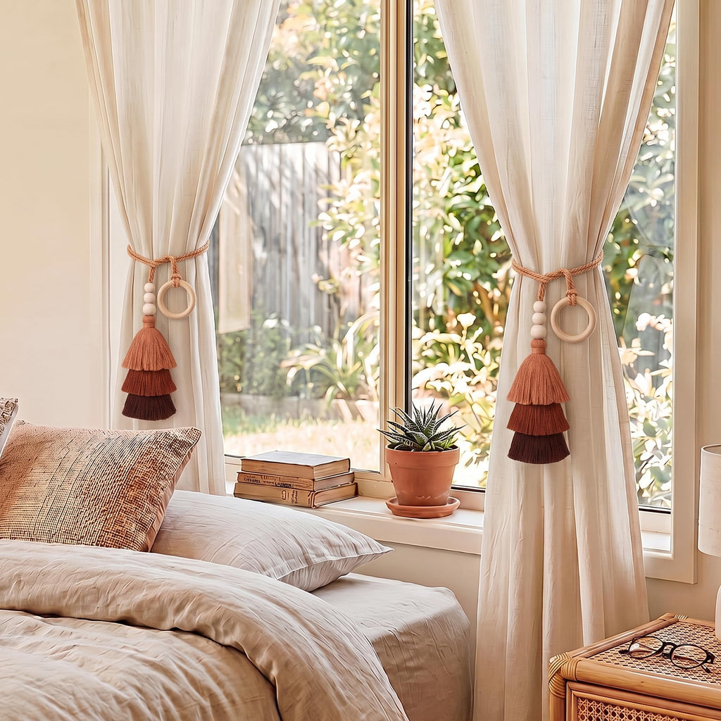 Boho Curtain Tiebacks with Wooden Beads Rings, Terracotta - 4 Pcs