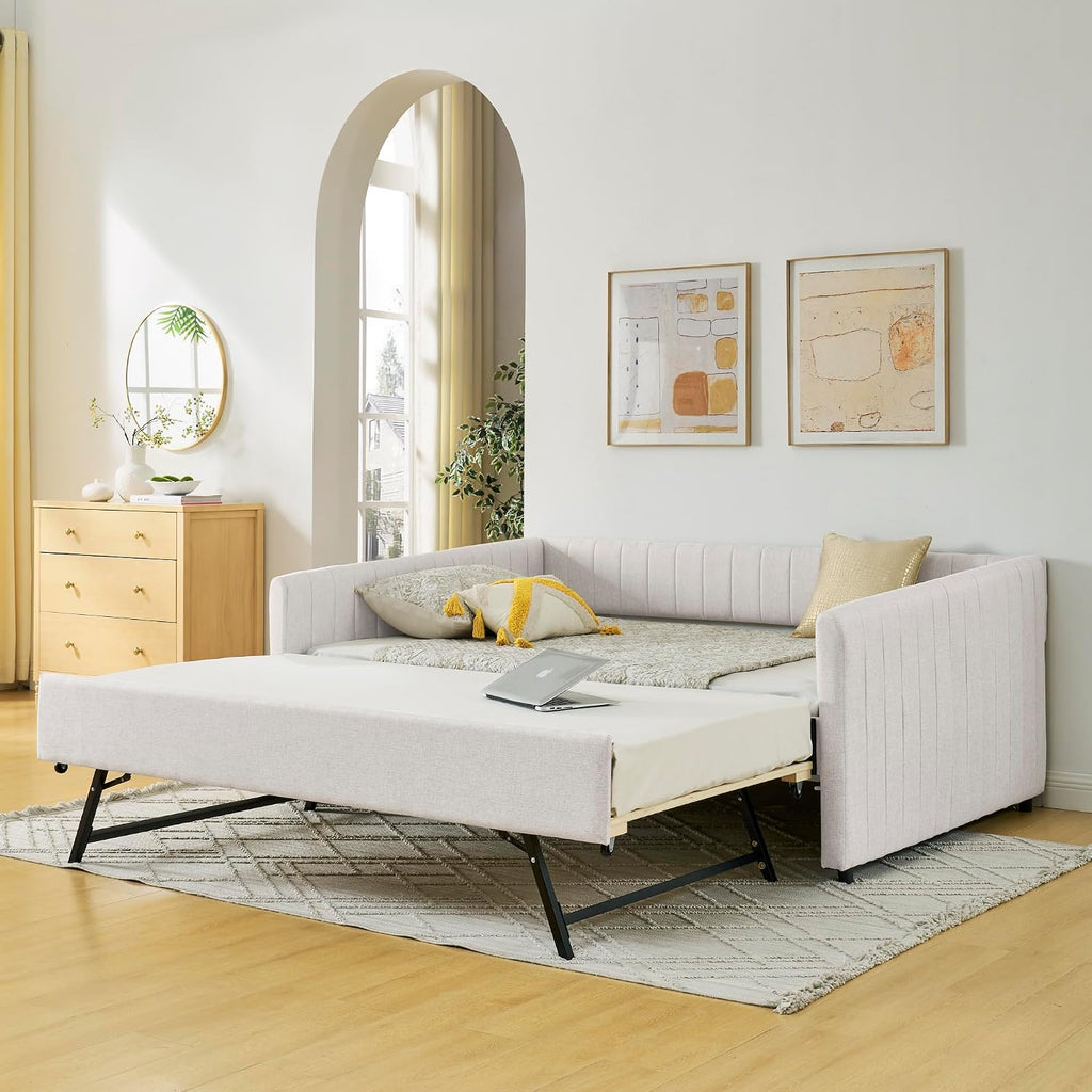 Full Daybed with Pop up Trundle,Linen Upholstered Day Bed Frame with Channel Tufted Backrest & Armrest,Extendable
