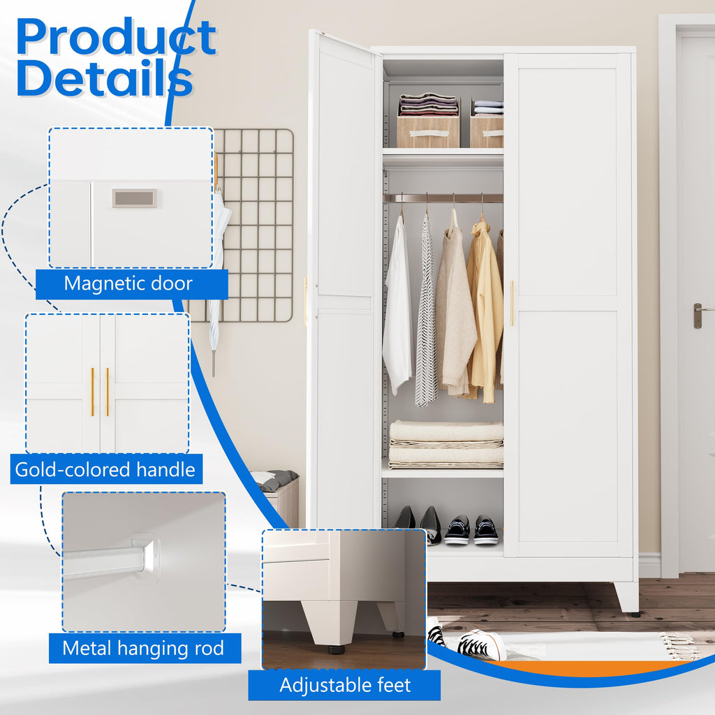 71" Metal Armoire Wardrobe Closet, Bedroom Clothing Storage Cabinet with Hanging Rod, Freestanding White Armoire