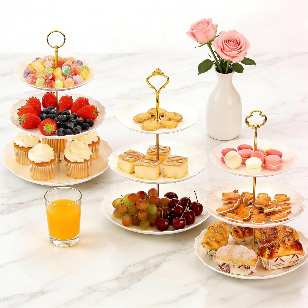 Tiers White Plastic Cupcake Stand Dessert Holder Tiered Serving Trays with 3 Styles Fittings, Party Serving - Set of 3