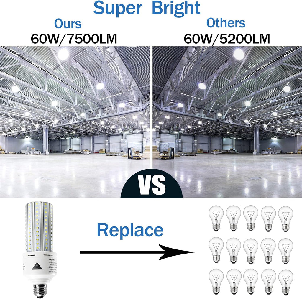 ZP 2 Pack Led Light Bulb 500W Equivalent 7500 Lumen 5000K E26/E27 Medium Base 60W led Bulb for Outdoor Indoor Lamp