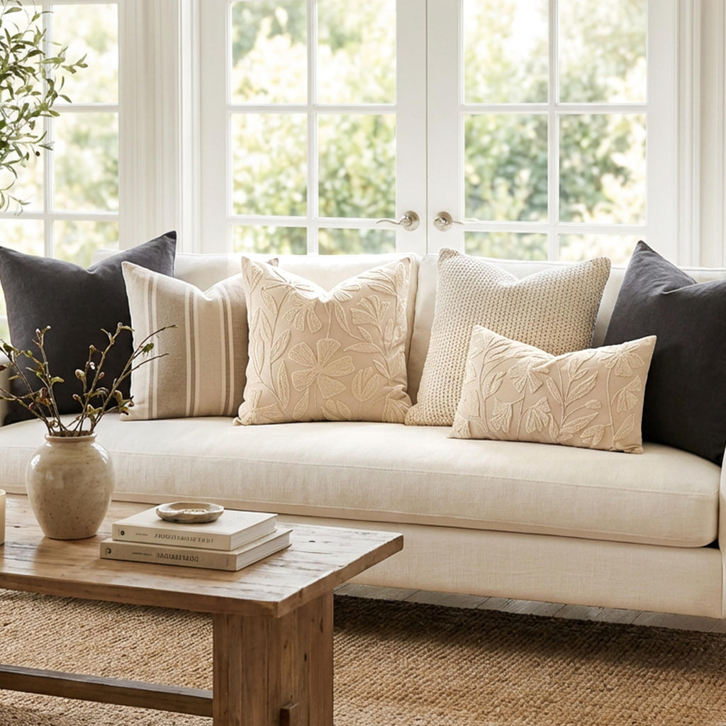 Decorative Throw Pillow Cover 20x20, Beige Neutral Velvet Accent Cushion Cover for Couch Sofa Living Room, Floral