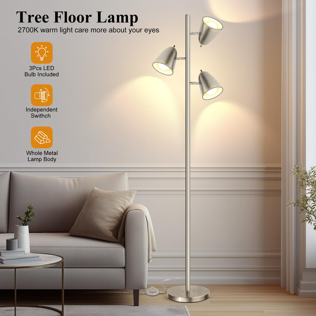 Tree Floor Lamp with 3 Light Bulbs, Standing Tall Pole Lamps Bedroom Office, Reading Stand up Lamps with 3 Adjustable