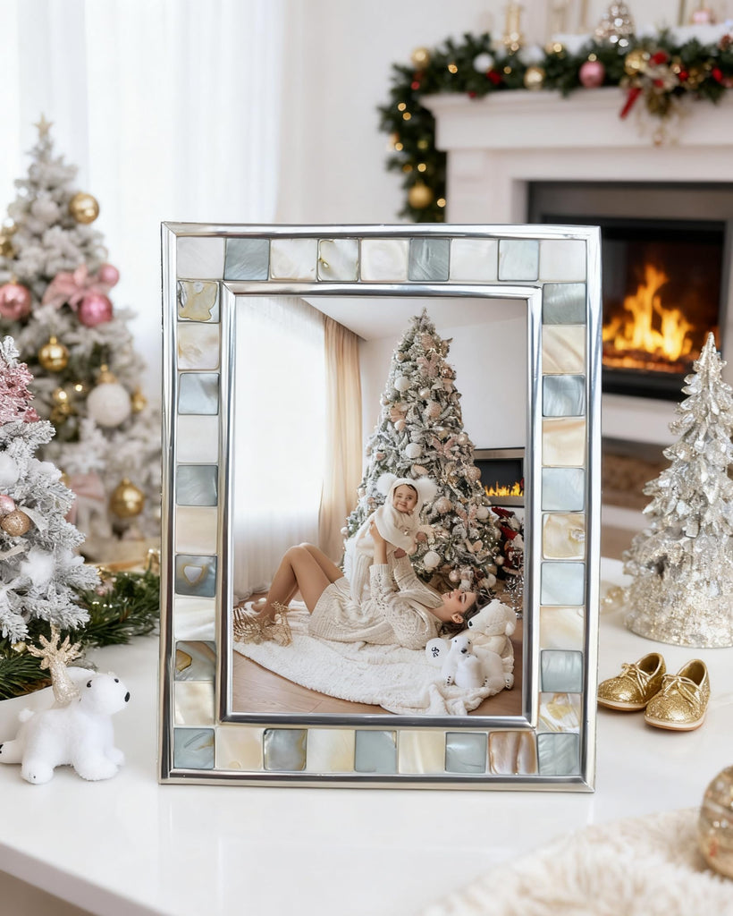 Silver Plate Picture Frame 4x6 Mother of Pearl 4 by 6 Photo Frame Mosaic Glass Tabletop Frame (Grey+ White, 1pc)