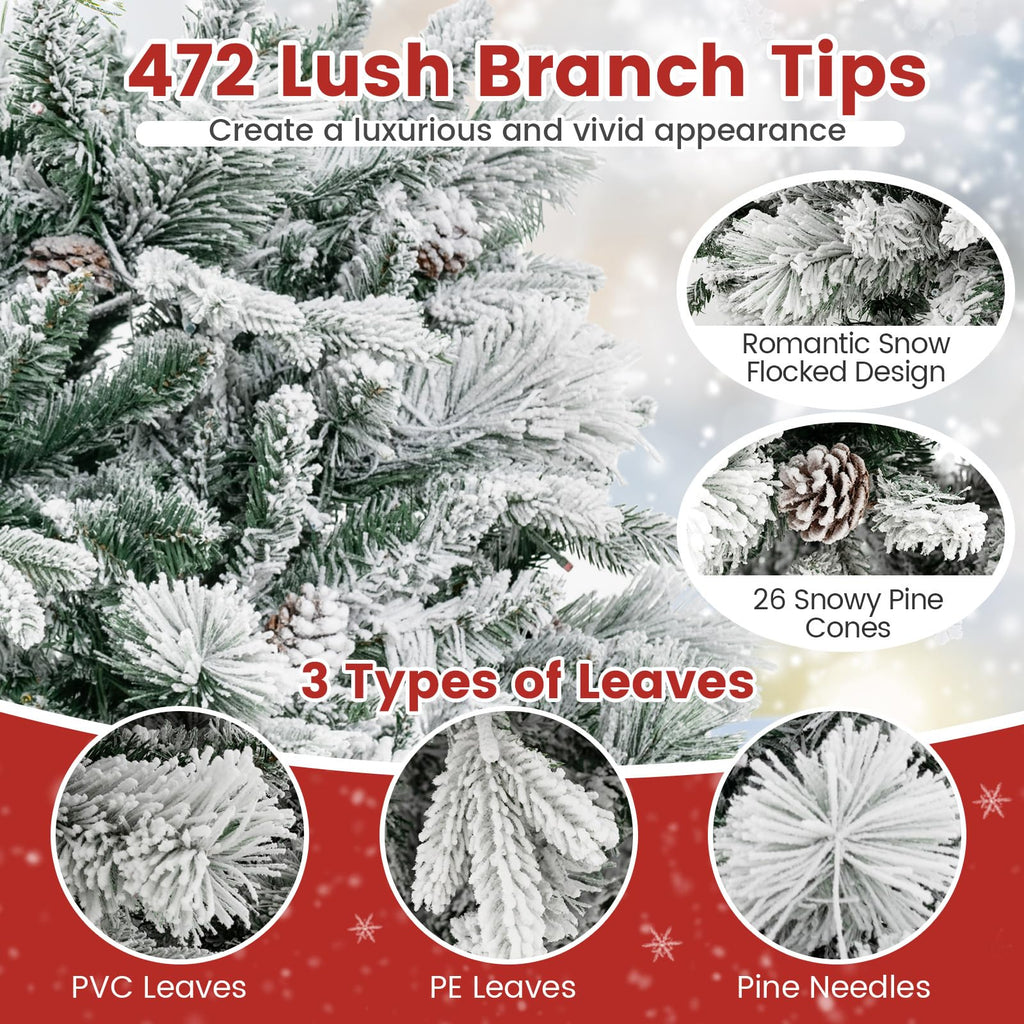4.5ft Pre-Lit Snow Flocked Christmas Tree, Artificial Hinged Xmas Tree with 160 Multi-Color LED Lights, 8 Lighting