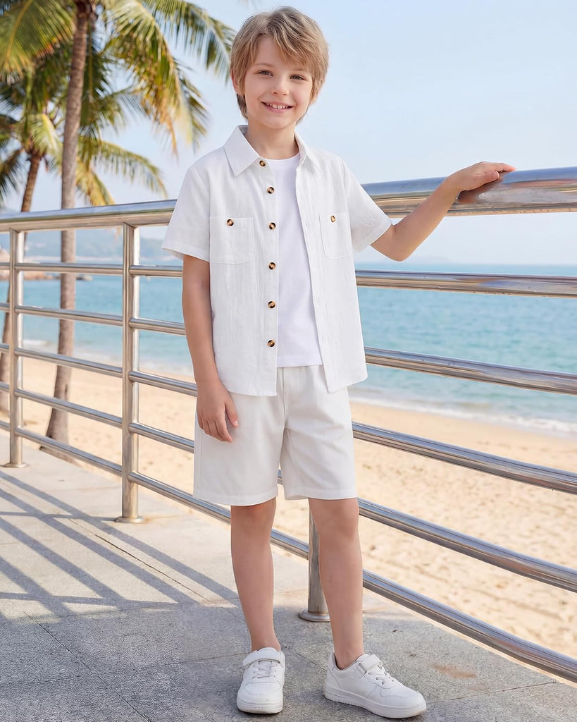 Boys Button Down Shirt Short Sleeve Summer Boys Dress Shirts Casual Cotton Collared Shirt with Pockets