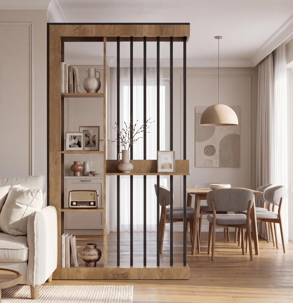 Wall Room Divider with Shelves, 71" Freestanding Wood Partition