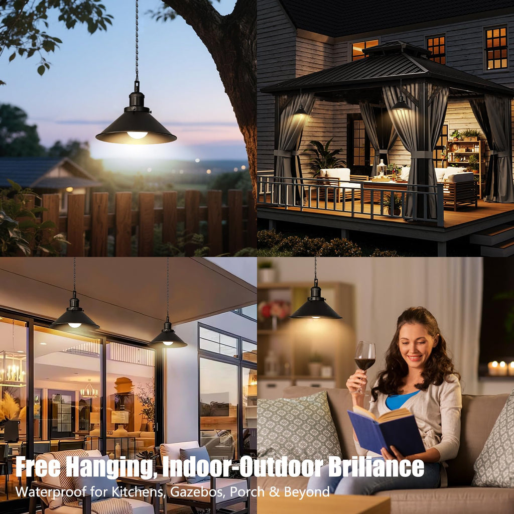 2 Pack Black Portable Battery Operated Hanging Lights, Rechargeable Wireless Outdoor Pendant Light with Remote