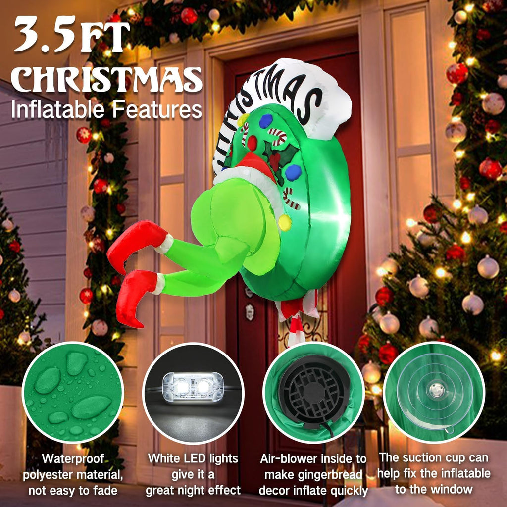 Inflatable Christmas Decorations Outdoor 3.5FT Blow Up Santa Green Giant Monster Wreath Yard Inflatables Funny