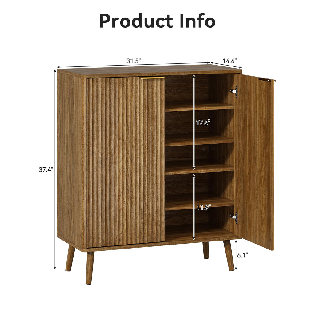 5-Tier Shoe Storage Cabinet with Adjustable Shelves, Natural Oak丨Fluted Shoe Cabinet Set of 2 with Doors, Wooden