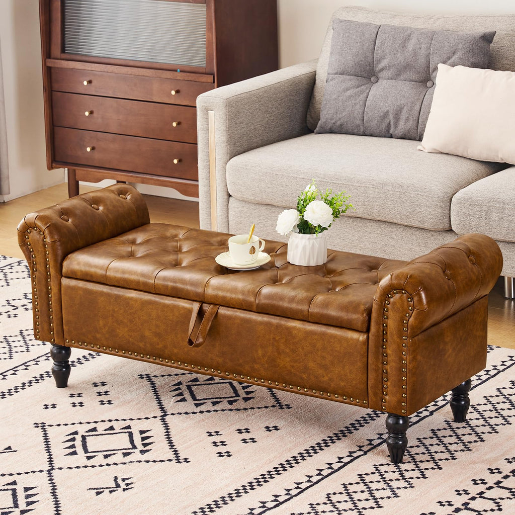Storage Ottoman Bench, Leather Benches End of Bed Bench with Solid Wood Legs Upholstered Ottoman Bench with Storage