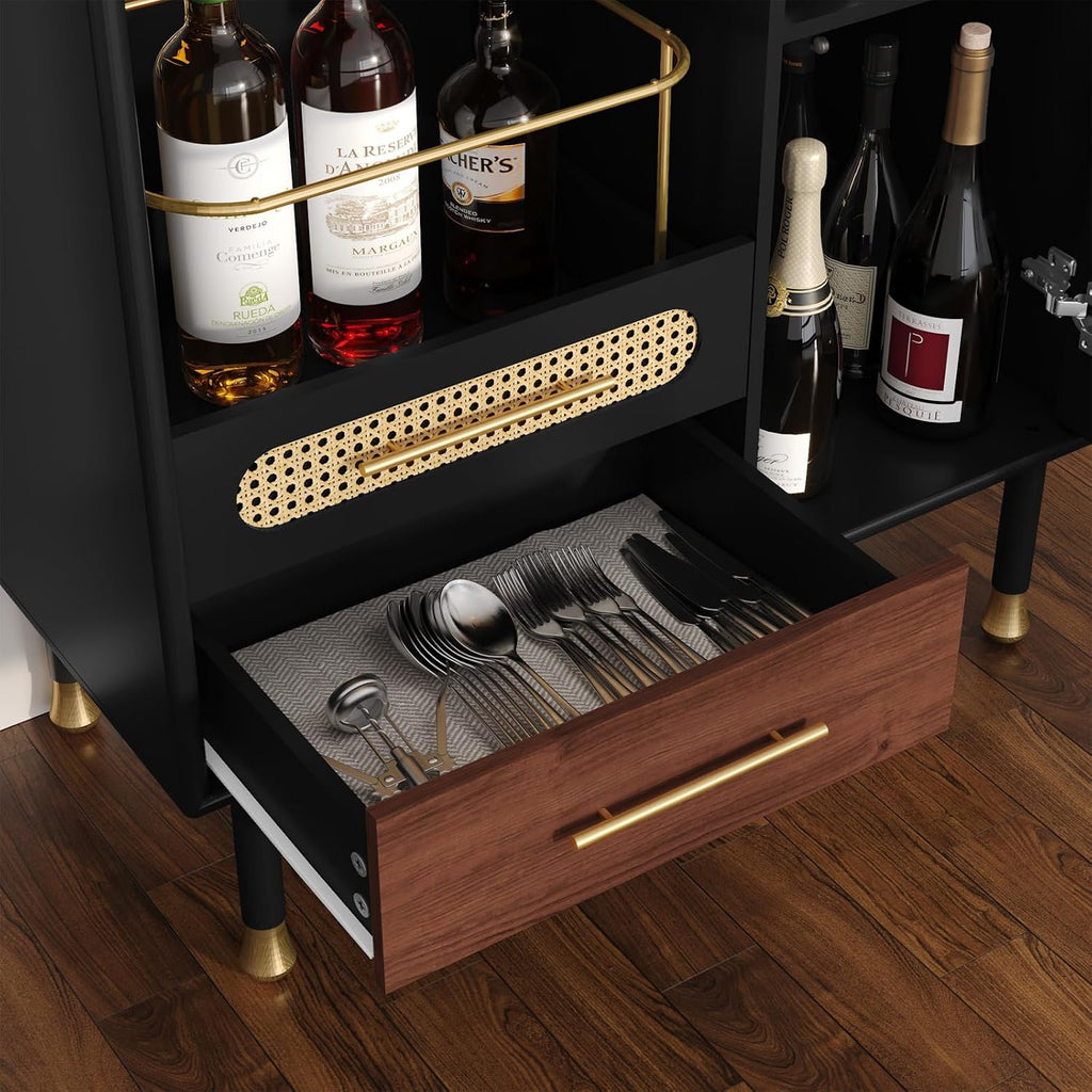 Modern Coffee Bar Cabinet with Pull-Out Wine Storage, Black | Bar Cart with Wine Glass Rack and Drawers, Liquor