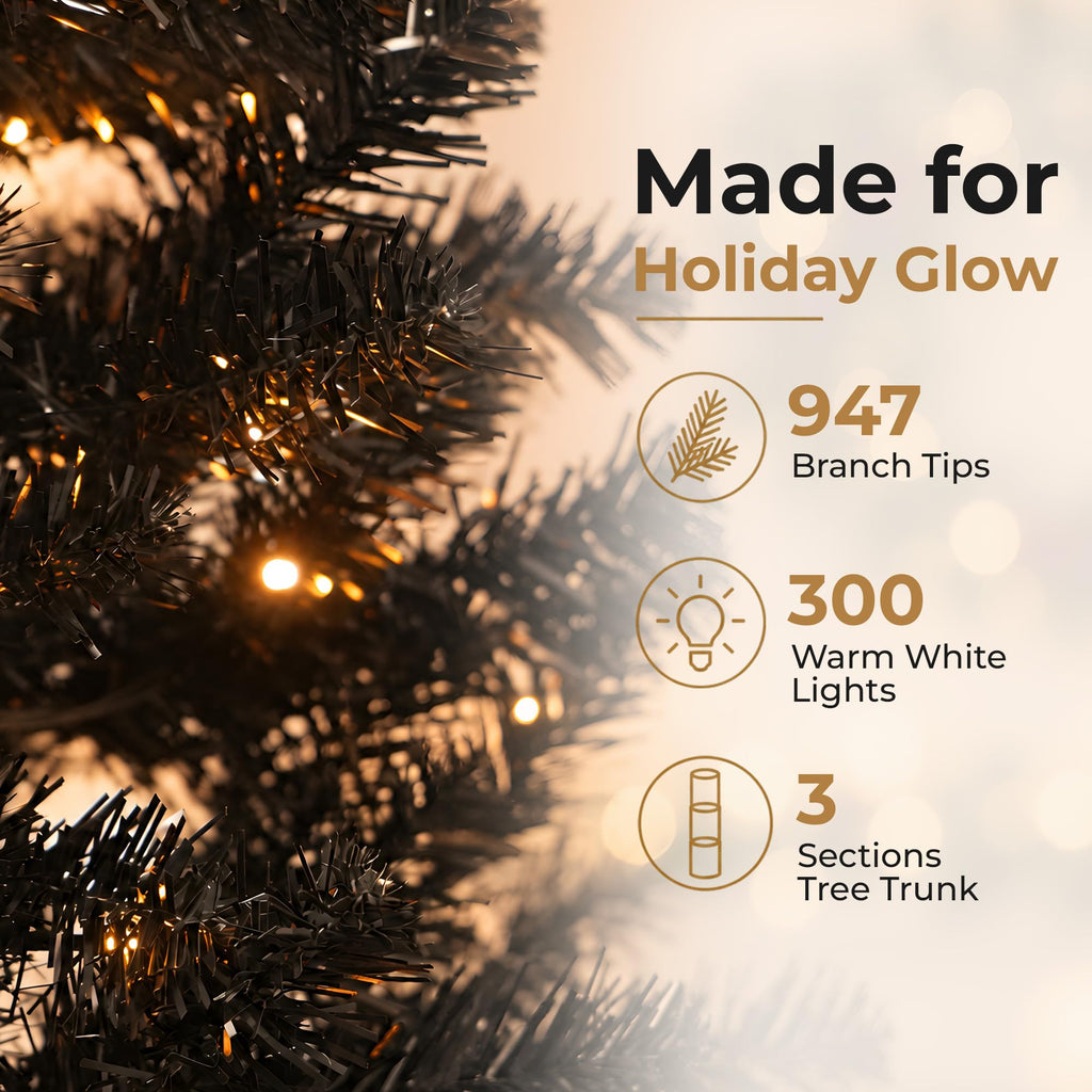 6FT Black Pre-Lit Christmas Tree, 300 Warm White LED Lights