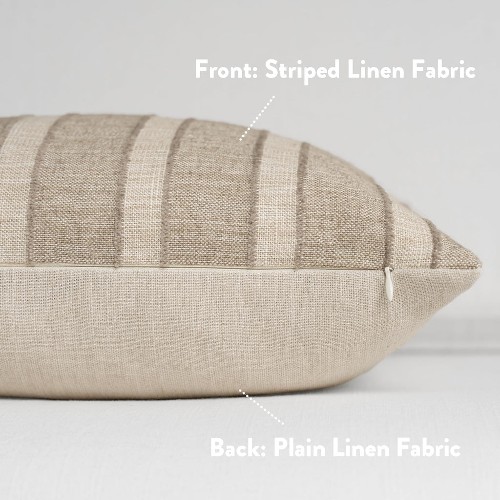 Striped Lumbar Throw Pillow Covers 12x20 Set of 2, Natural Linen