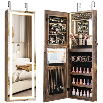 LED Mirror Jewelry Cabinet, Wall or Door Mounted, Rustic Brown