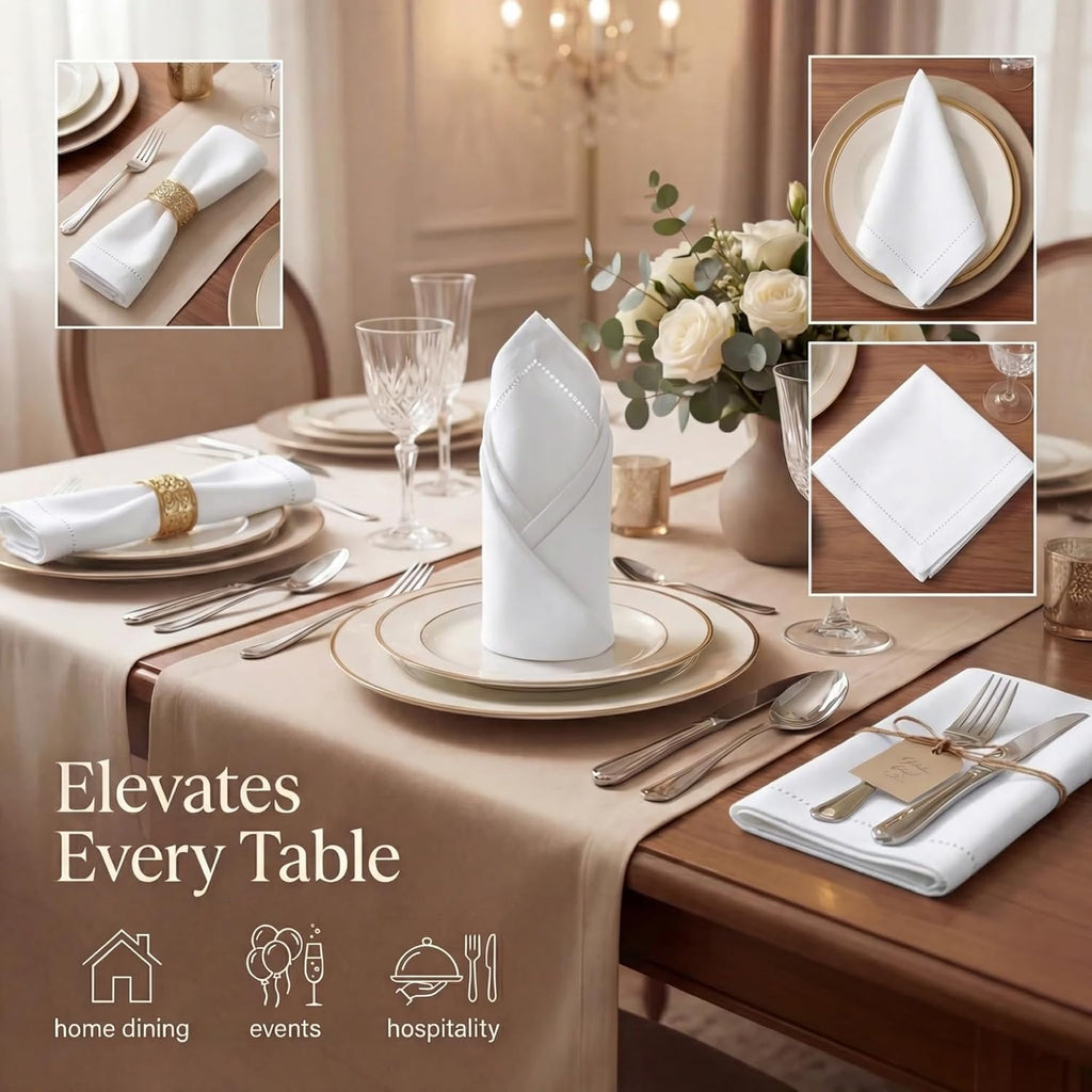 Cloth Napkins White Hemstitch Dinner Napkins Set of 12 (20X20) 100% Cotton Absorbent Washable Durable Reusable Ideal