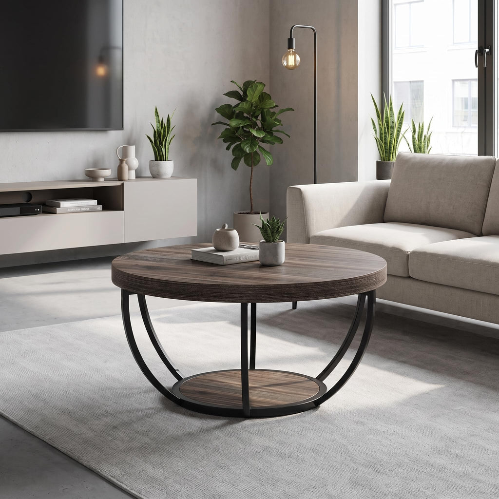 31.7" Round Wooden Coffee Table with Storage Pedestal