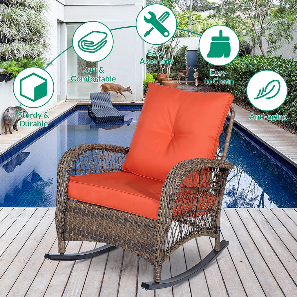 2 Piece Patio Wicker Rattan Rocker Chair, Outdoor Rattan Rocker Chair with Cushions & Steel Frame, All-Weather