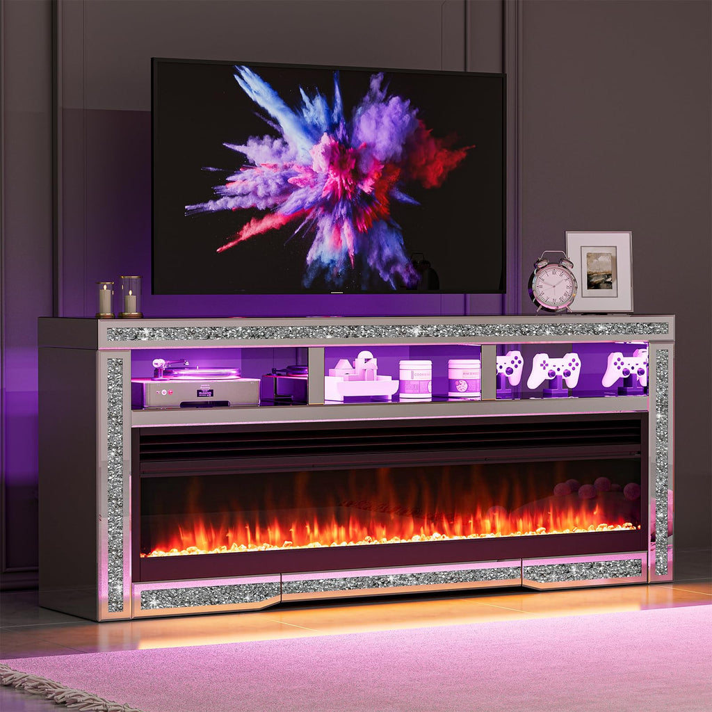 Mirrored Fireplace TV Stand for 65+ inch TV, Silver TV Console Table with Crushed Diamond and LED, Modern Media
