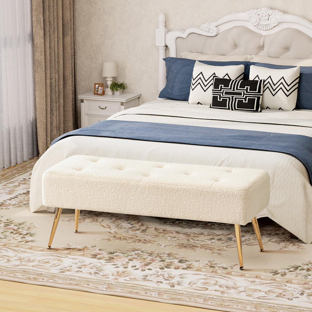 Faux Fur Boho Bench Ottoman Upholstered Tufted Bench with Padded Seat, Footrest Foot Stool with Sturdy Metal Leg