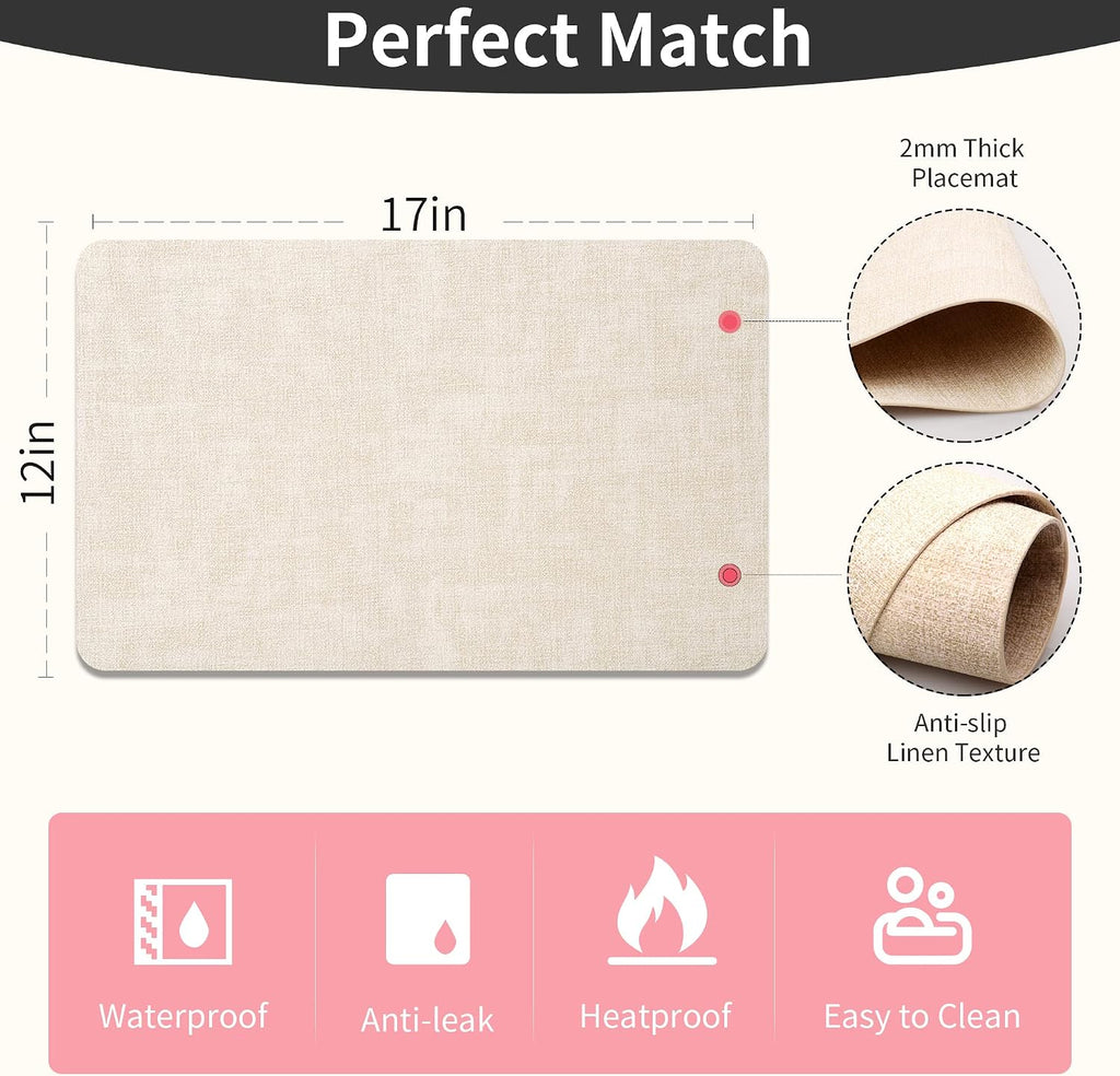 Faux Leather Placemats, Easy to Clean, Beige - Set of 4