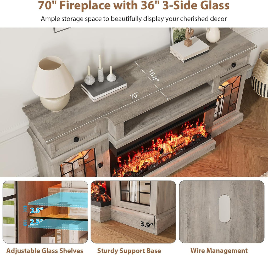 70" Farmhouse Fireplace TV Stand for TVs up to 80", Entertainment Center with 36" 3-Side Glass Electric Fireplace