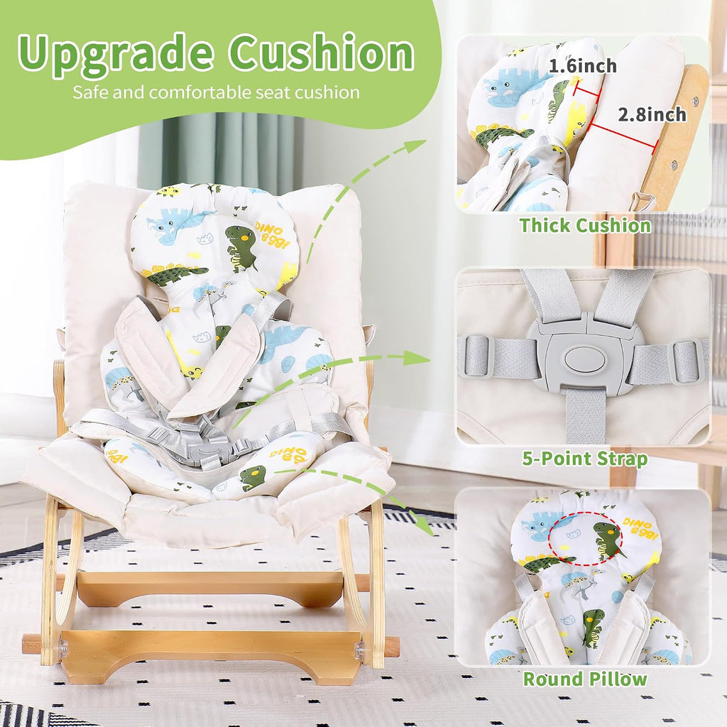 In-1 Baby Rocker Chair with Double Cushions, for 0-12 Months, Adjustable Wooden Infant Rocker with Removable