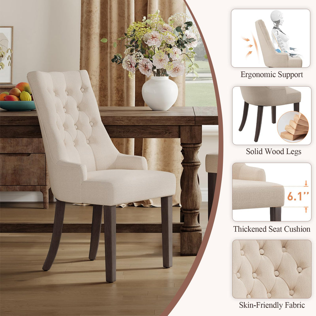 Fabric Side Set of 4, Wingback Upholstered Dining Room Chairs with Tufted Button, Living Room Chairs Kitchen, Beige