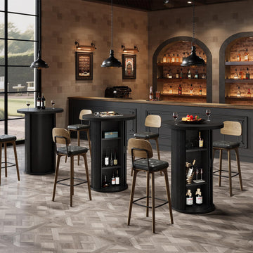 Round Bar Table, 35.4" Rustic Cocktail Table with 3-Tier Hidden Storage Shelves, High Top Bistro Pub Table with Slide