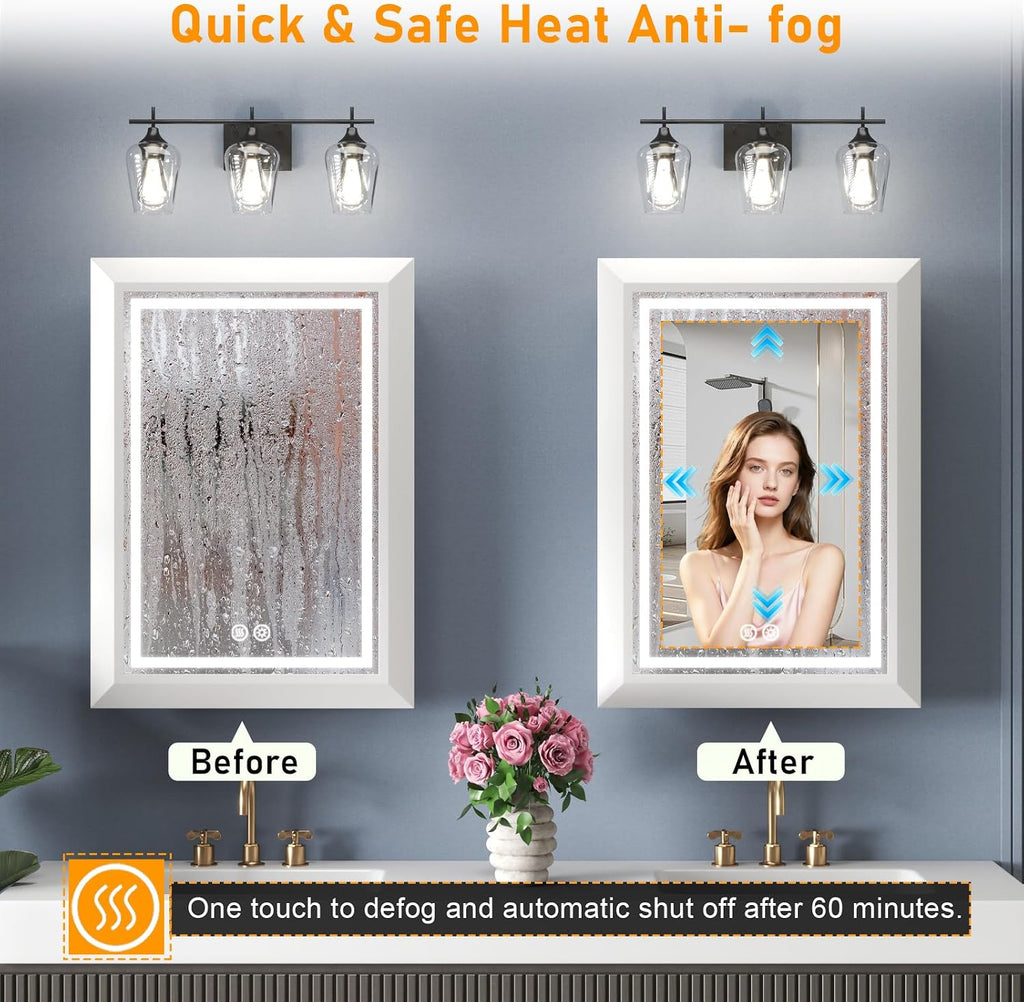 20"x28" White Medicine Cabinet with Lights, Bathroom Mirror with Storage, Dimming 3 Lighting Colors, Fast Defogging